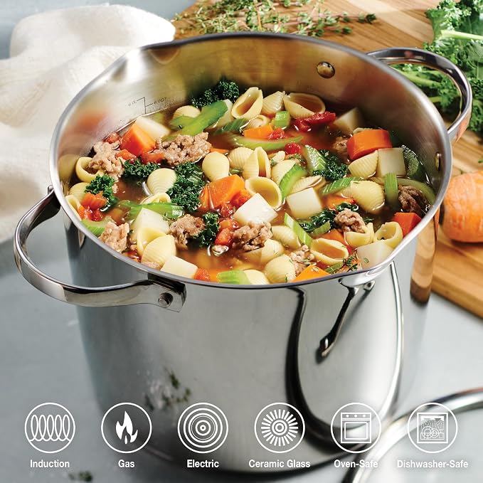 Tramontina Tempo Tri-Ply Base Stainless Steel 8-Qt Stock Pot with Lid | Induction-Ready Pasta Pot, Oven-Safe, Dishwasher-Safe