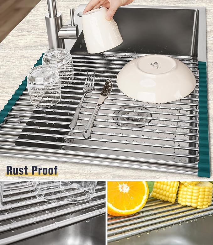 Tomorotec Roll Up Dish Drying Rack Over Sink,304 Steel,17.7x15.5,DarkGreen | Anti-Slip Silicone Rims For Grip, Heat-Resistant Trivet Mat Holding Heavy Cookware, Rustproof Kitchen Counter Space Saver