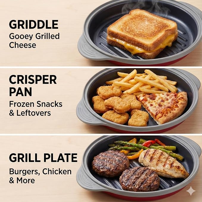 MACONEE Microwave Grill Pan | Microwave Griller, Griddle & Crisper Pan with Lid for Grilling, Browning, and Crisping Foods Microwave Cookware for Grill Meat, Sandwich & Vegetable inside a Microwave