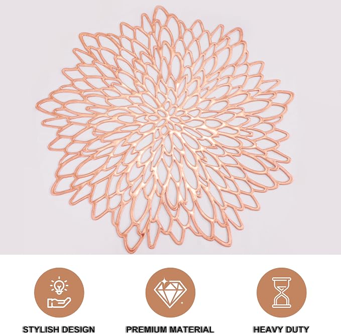 Snowkingdom 18 Pack Rose Gold Placemats Bulk Metallic Pressed Vinyl for Mother's Day Dinning Table Decoration Floral Mats Round Floral Charger Decoration for Weddings Christmas Holiday