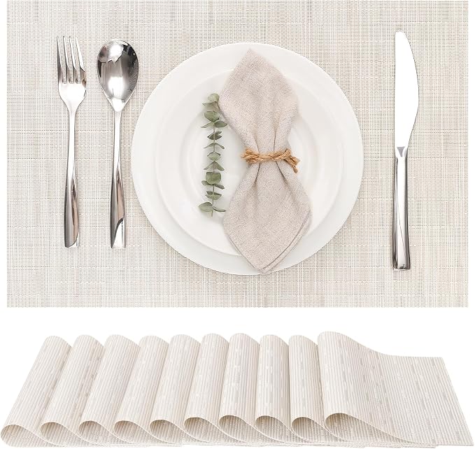 Myir JUN Placemats Set of 10 Kitchen and Dining Table Placemats | Vinyl Placemats Place Mats Indoor/Outdoor Set of 10 Washable Table Mats Non-Slip Place mats for Dining Table, Off White