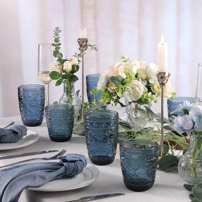 abrwyy Blue Drinking Glasses, Blue Glassware, 14oz Vintage Drinking Glasses | Lead-Free Glass, Thick&Durable Glass, Home Decoration, Drinking Glasses Set of 6