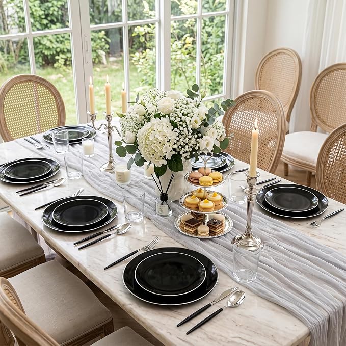 DaYammi 30 Guests Black Plastic Plates with Disposable Silverware,Silver Cutlery with Black Handle,Silver Disposable Dinnerware:60 Dinner/Dessert Plates,90 Plastic Silverware Set for Party Wedding