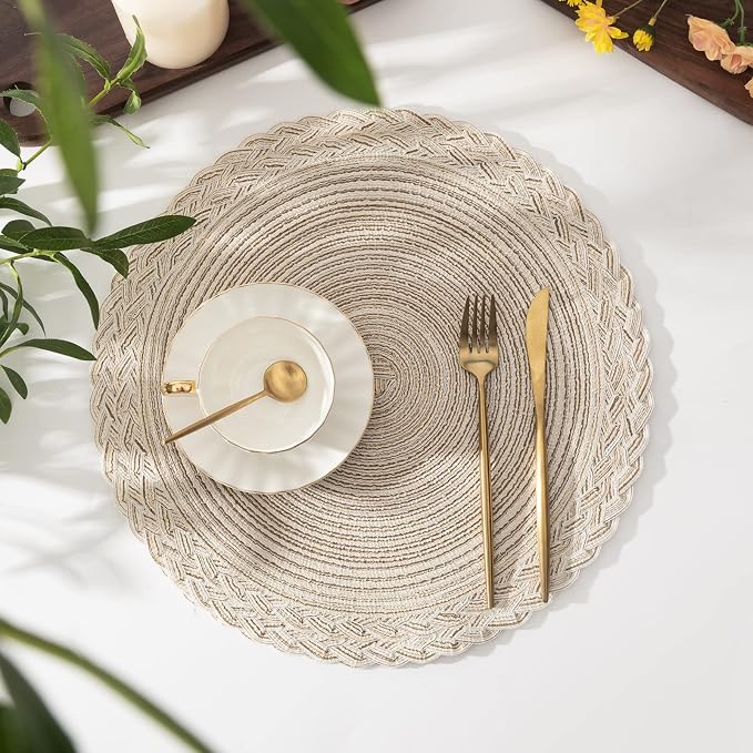 SHACOS Round Placemats Set of 4 Boho Braided Border 15 inch Circle Place Mats Washable Fabric Table Mats for Kitchen Dining Table, Ivory (Pack of 2)