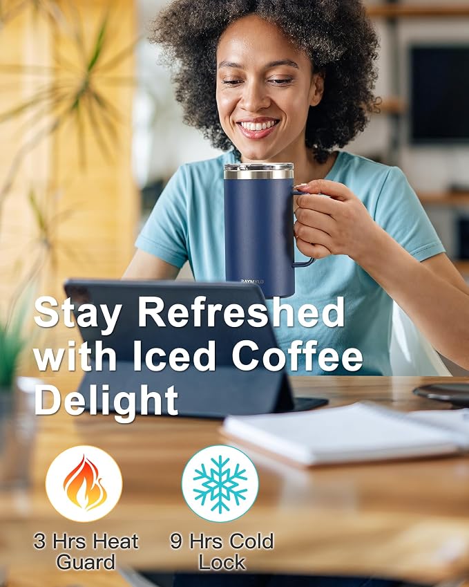Insulated Travel Large Coffee Mug with Handle, Coffee Tumbler Cup 24oz | Detachable Lid for Thoroughly Clean, Thermal Cup with Double-Wall Stainless Steel Vacuum Insulation, Spill Proof & BPA Free