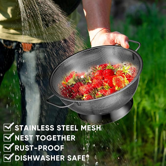 3 Pcs Stainless Steel Colander Set Colander Bowl and Sieves 1/3/5 Quart Metal Mesh Strainer Net Basket with Handles Food Spaghetti Strainer for Kitchen Draining Pasta Rinsing(Black)