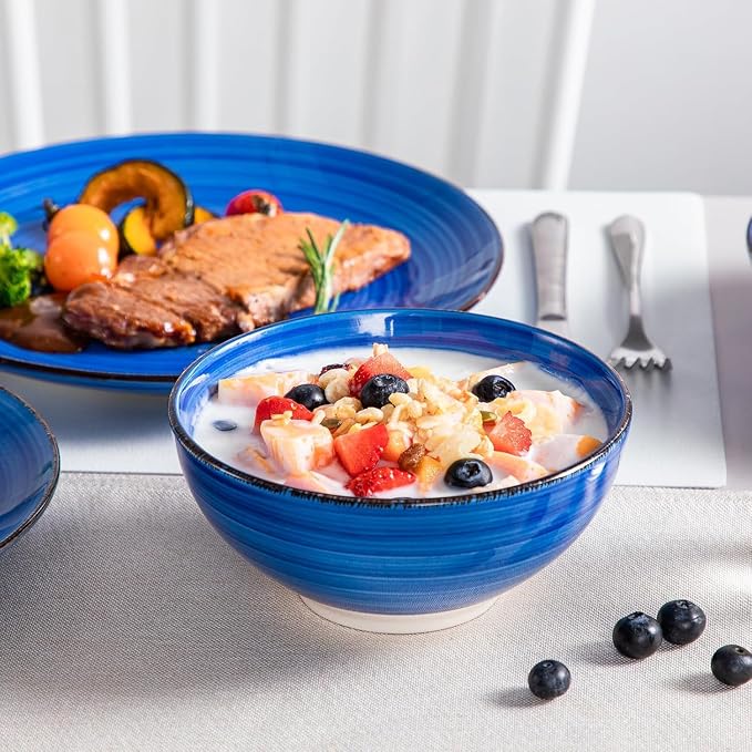 vancasso Bonita Stoneware Dinnerware Sets, 24 Pieces Dishes Set for 6 | Hand-Painted Spiral Dishes for Dinner, Ceramic Kitchen Plates and Bowls Sets-Microwave and Dishwasher Safe (Blue,24 Pcs)
