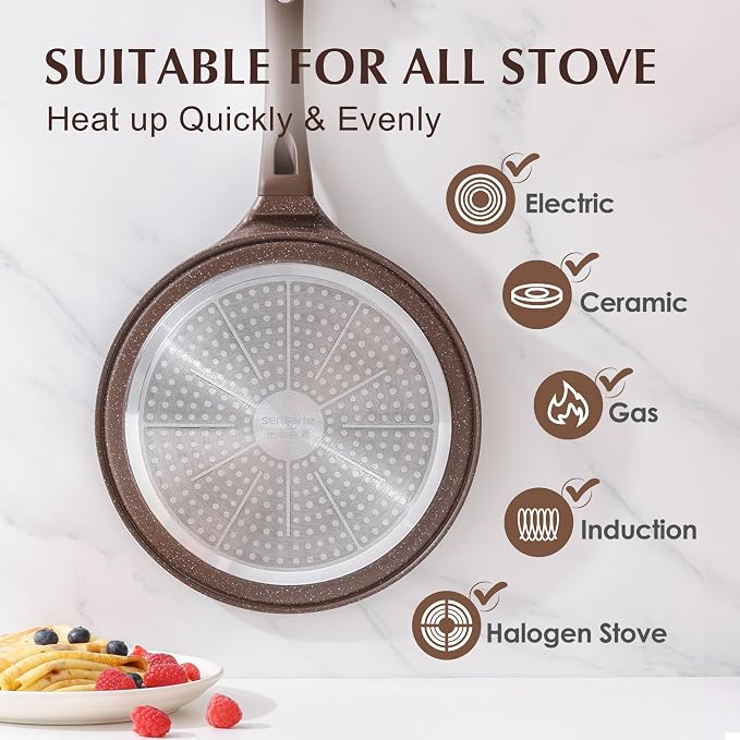 SENSARTE 12 Inch Nonstick Crepe Pan Granite Coating Pancake Pan Brown | Swiss Granite Coating Dosa Pan Pancake Flat Skillet Tawa Griddle with Stay-Cool Handle, Induction Compatible