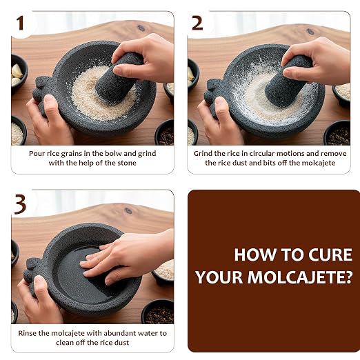 9 inch Molcajete Mortar and Pestle with Pig Design, Mexican Handmade with Lava Stone Ideal as Herb Bowl, Spice Grinder, Volcanic Stone