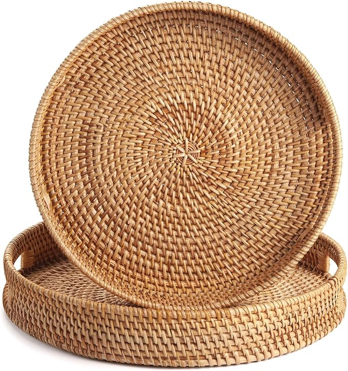 2 Pack Round Rattan Tray, Hand Woven Serving Tray with Handles, Wicker Serving Basket, Decorative Tray for Home Decor, Natural (11.8 + 14 inch)