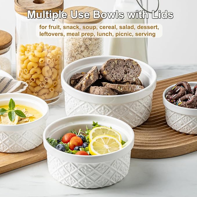 40oz Large Ceramic Mixing Bowls with Lids Set of 4, Ramekin Bowls Oven Safe, Serving Bowls with Lids, Meal Prep Containers, Airtight Food Storage Containers Set for Housewarming, White