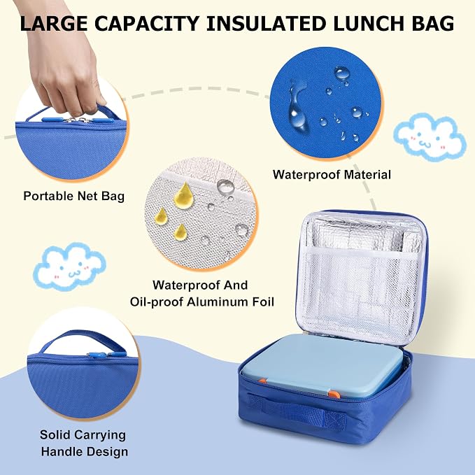 Bento Lunch Box for Kids with Thermo, Leakproof Bento Box with 8oz Insulated Food Jar, Lunch Bag, BPA Free Dishwasher Safe 4 Compartment Container for School Girls Boys (Blue)