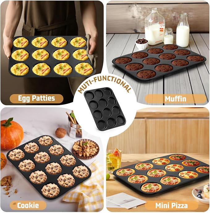 E-far 12-Cavity Muffin Top Pan, 3 Inch Nonstick Shallow Cupcake Pan for Yorkshire Pudding, Eggs, Whoopie Pie, Cornbread, Easy Release & Clean, Standard Size, 2 Pack