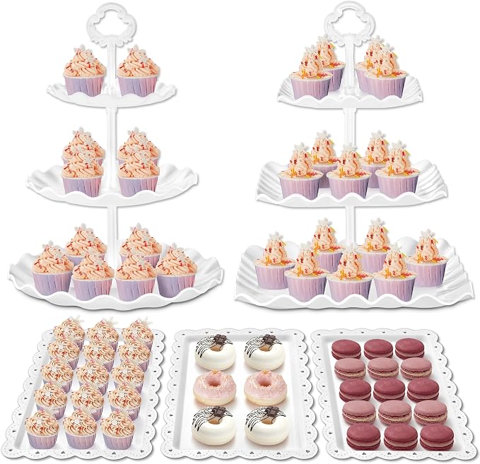 Kootek 5pcs Cupcake Stand Dessert Table Display Set Serving Tray for Party | 3-Tier Cupcake Stand, 3 Rectangular Trays, Hold 64 Standard Cupcakes, Cookie Display, BPA-Free, No Tools Required, Hand Wash