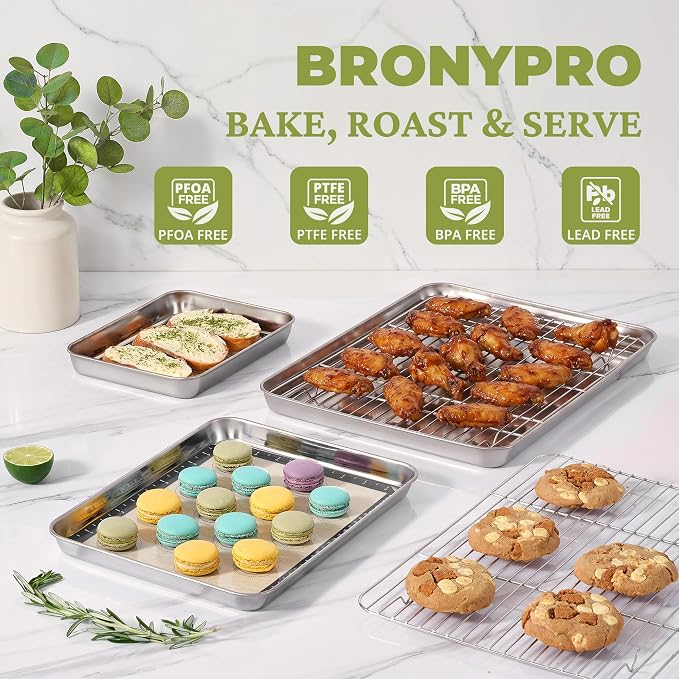 BRONYPRO 18/8 Stainless Steel Baking Sheet Set (3 Pans + 3 Mats+ 1 Rack) | Uncoated Cookie Sheets Non Toxic -PFOA & PTFE Free,Trays with Wire Rack & Macaron Silicone Mats, 9/12/16 Inch
