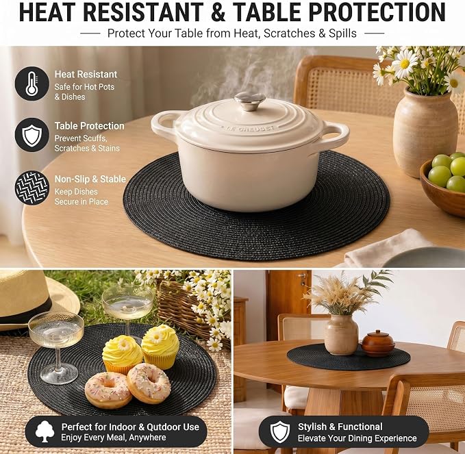 FunWheat Round Braided Placemats Set of 8 Place Mats for Dining Table Woven Washable Non-Slip Table Mats 15 Inch(Black,8pcs)