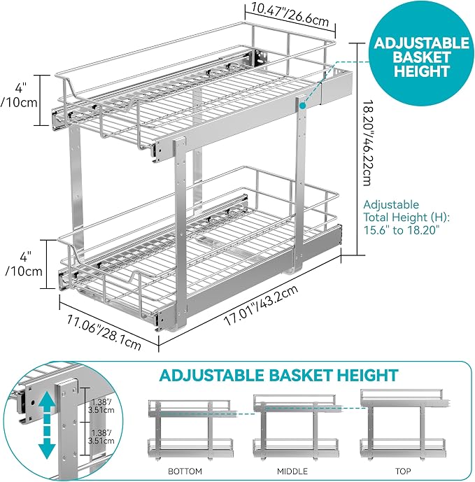 2 Tier Pull Out Cabinet Organizer 11" W X 22" D, Chromed, Full Slide Out | For Kitchen Organizers and Storage, Pull Out Drawers For Cabinets Capacity Heavy Duty Caddy, Cabinet Shelves, Bathroom Pantry