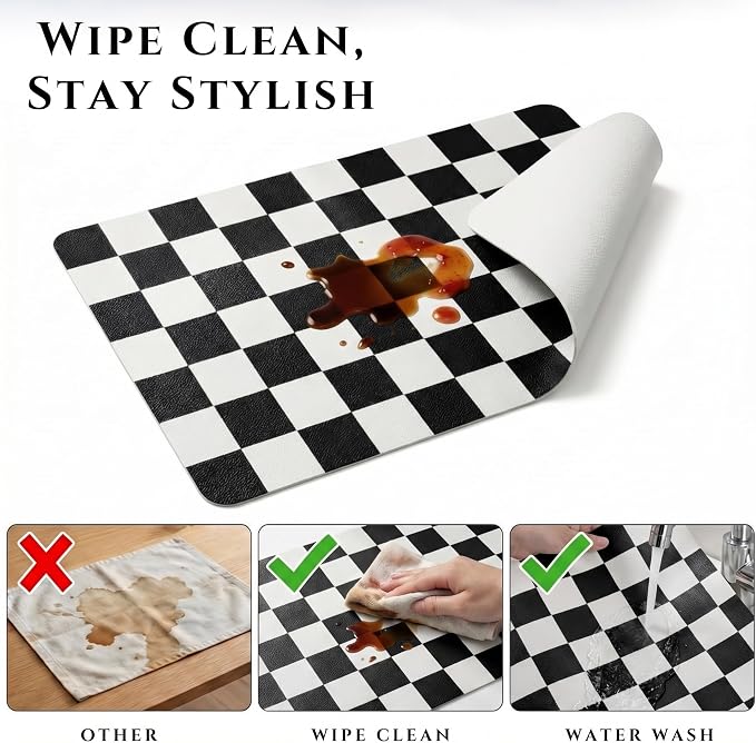 Set of 6 Checkerboard Non-Slip Washable Placemats for Dining Table | Waterproof & Heat-Resistant Faux Leather Mats | Easy Wipe Clean Tablemats for Indoor Dining, 17’’×12’’, Black