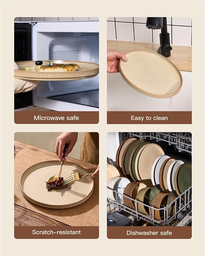 Stoneware Dinnerware Sets, Reactive Glaze Dishes Set for 8 | 24-Piece Handmade Ceramic Plates and Bowls, Microwave and Dishwasher Safe, Chip and Scratch Resistant, Modern Rustic, Cream