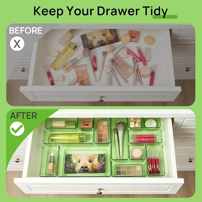 Vtopmart 25 Pack Plastic Drawer Organizers with Non-slip Rubber Pads | 4-Size Versatile Makeup Organizer, Storage Containers Small Bins for Makeup, Jewelries, Bedroom, Kitchen Utensils and Office