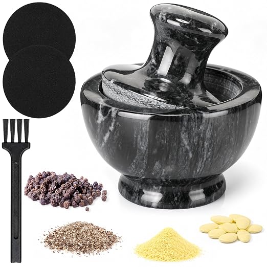 Hushee Marble Mortar and Pestle Set 3.74 Inch 1/2 Cup Stone Grinder with Mushroom Pestle Brush and Non Slip Pads Small Spice Grinder Pill Crusher for Herbs Garlic Spices Kitchen Tool
