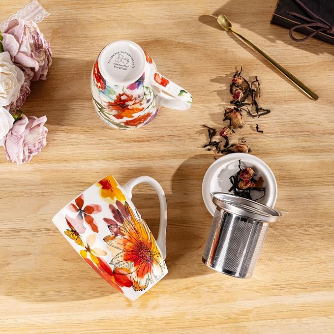 GBhome Tea Mug with Infuser and Lid,18 Ounce Ceramic Loose Leaf Cup Steeper | Lead-Free Glaze For Tea Lovers,Microwave & Dishwasher Safe with Tea Strainer