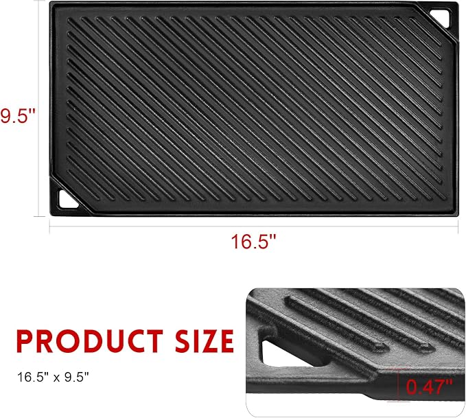 GGC Reversible Cast Iron Griddle, 16.5" x 9.5" Rectangular Griddle Pan | Double Sided Griddle Pan Perfect for Gas Grills, Stove Tops and Outdoor Cooking, Baking Flat and Ribbed Griddle Plate