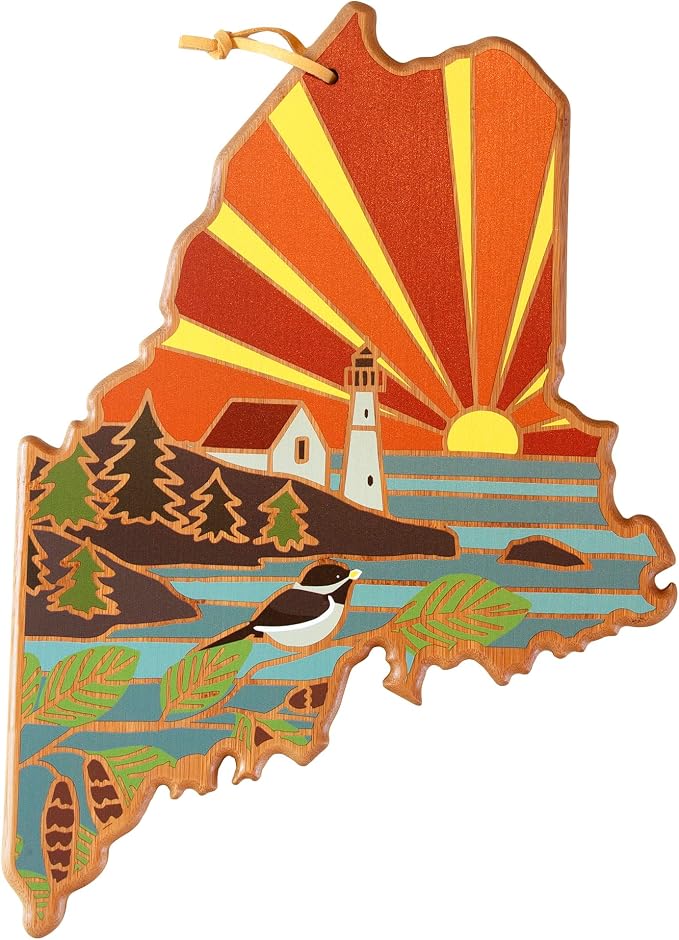 Totally Bamboo Maine State Shaped Cutting Board, Summer Stokes Art | State charcuterie board with colorful hand-drawn landscape art. Smooth reverse side for food prep. Hang tie for wall display.