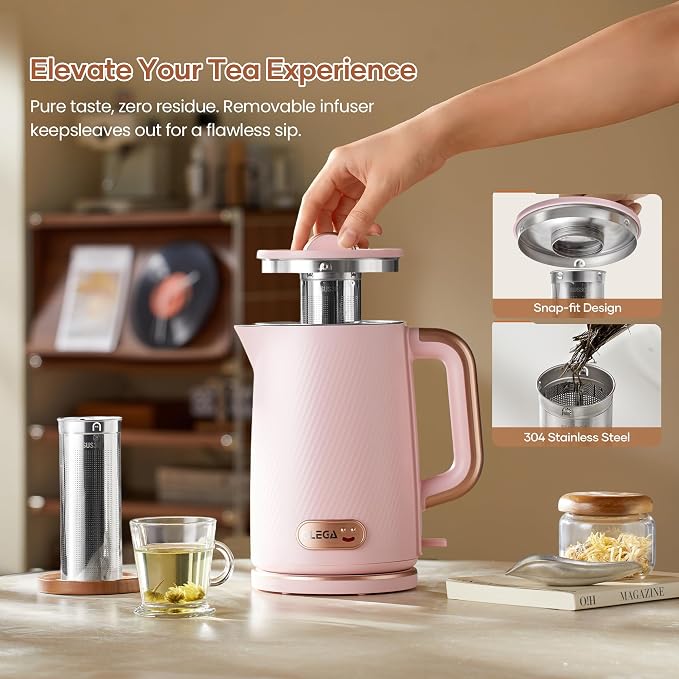 OLEGA Electric Kettle: 1200W Fast Boil Tea Kettles with Tea Infuser 1.5L | Stainless Steel Kettle; Electric Water Kettle with Strainer; Plastic Free Teapot; Auto Shut-Off Water Boiler