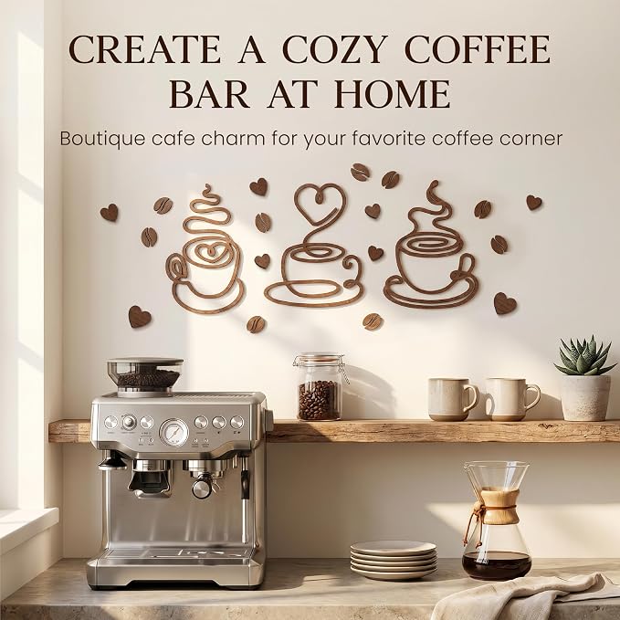 Vintage Coffee Line Art Signs, 3 Pc Wood Farmhouse Cafe Bar Decor | 3 wood pieces 7.8x5.7 in, 15 mini hearts, 10 coffee beans, 50 adhesive dots, kitchen and tabletop