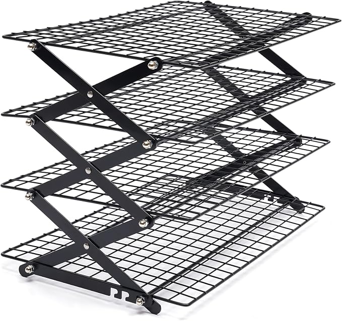 4-Tier Collapsible Cooling Rack, Adjustable Stackable Roasting Cooking Drying Wire, Barbecue Storage Display Shelf for Cookies Baking Picnic Party