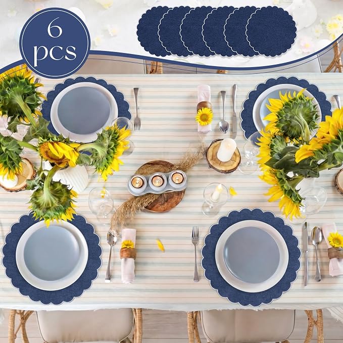 Set of 6 Navy Blue Cotton Placemats 15" Round Scalloped White | Double Layered Cotton Fabric, Washable Embroidery, White Edge Edge, Rustic Table Mats for Wedding Dining Table Decor