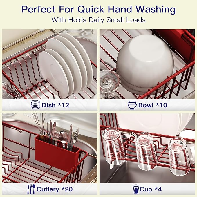 Red Dish Drying Rack Over The Sink with Utensil Holder, Mat | Expandable Stainless Steel Dish Drainer for Small Kitchen, Apartment, RV, Counter Space Saving, Perfect Fit, Rustproof