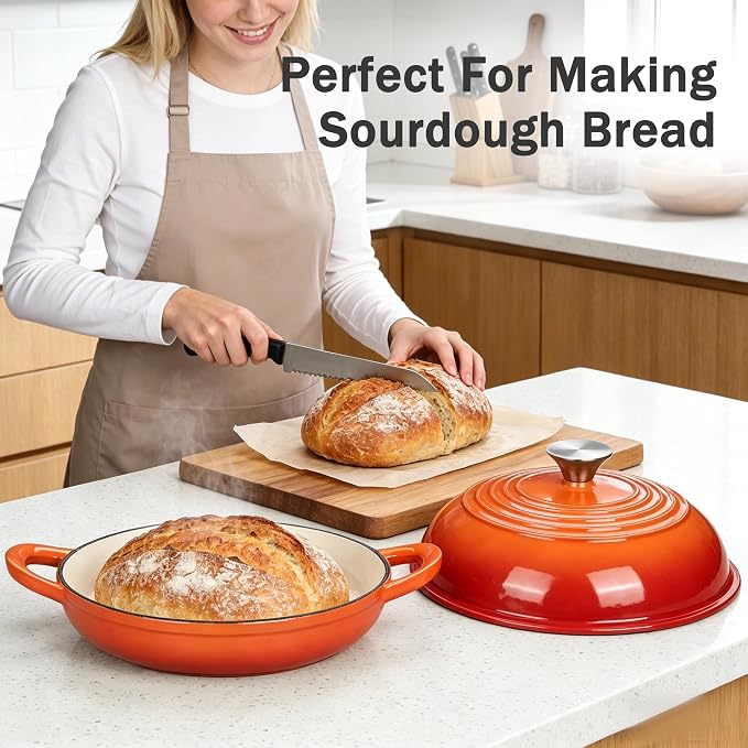 6 QT Enameled Cast Iron Round Bread Oven, Sourdough Dutch Oven | Bread Oven for Homemade Sourdough Bread Baking, Bread Pot with Dome Lid, Gifts for Sourdough Bakers, 500°F Oven Safe, Orange