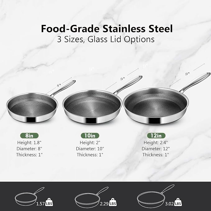 Frying Pans, 10-inch with Lid, Hybrid Frying Pans Stainless Steel Skillets, Dishwasher & Oven-Safe, Stay-Cool Handle, PFOA Free Cookware, Compatible with All Cooktops