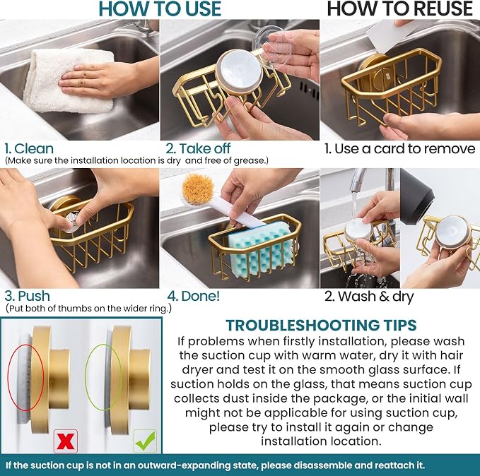 TAILI Sponge Holder for Kitchen Sink with Suction Cup-Gold, Aluminum | Rustproof Aluminum Sink Caddy for Sponges,Brushes,Stoppers & Scrapers,Removable Ventilated Quick-dry Design, holds Up 11lbs