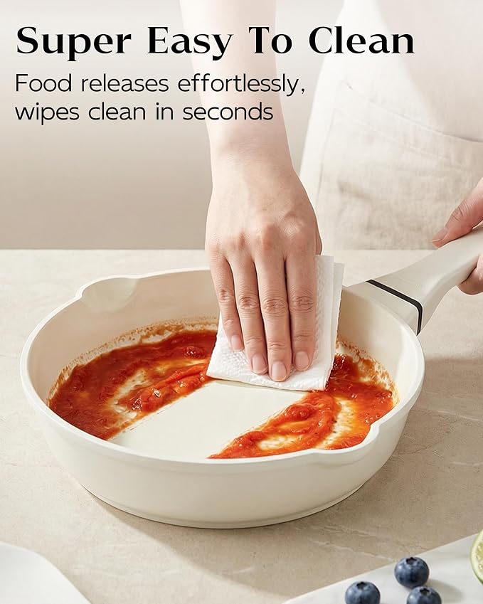 FDN 8" Ceramic Non Stick Frying Pans With Lid, Titanium Pans for Cooking, Non-Toxic PFAS-Free, Induction & Oven-Safe Cookware, Cream White For Daily Cooking