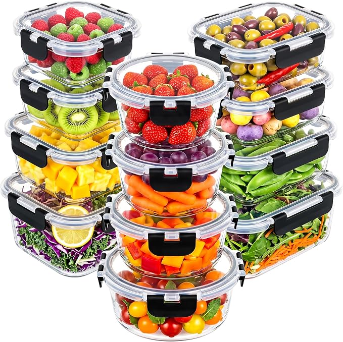 12 Pack Glass Food Storage Containers with Lids(Black) | Meal Prep Containers with Snap Locking Lids, Airtight Lunch Containers for Microwave, Oven, Freezer and Dishwasher, BPA Free