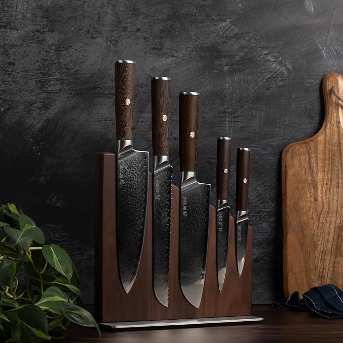 Magnetic Kitchen Knife Block Set - Japanese 67 Layer High-Grade VG-10 Steel Knives, Sharp, G10 Handle Professional Kitchen Knife Set - Damascus (6 pieces), Brown Pakkawood Handles
