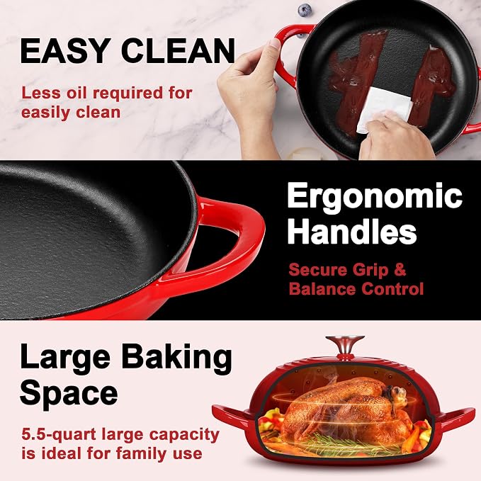 P&P CHEF Red Enameled Bread Dutch Oven for Sourdough, 5.5 QT | Cast Iron Dutch Oven Pot with Dome Lid for Homemade Bread Baking, Easy to Clean & Even Heat, Oven Safe