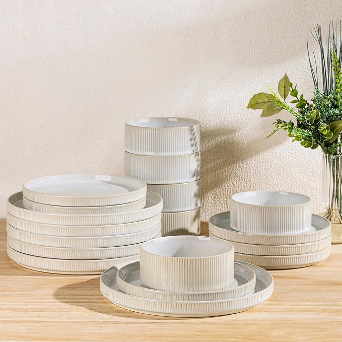 Ceramic Dinnerware Set for 6, 18-Piece Plates and Bowls Set | Lightweight Porcelain Dish Set, Scratch Resistant, Oven & Microwave & Dishwasher Safe, Reactive White