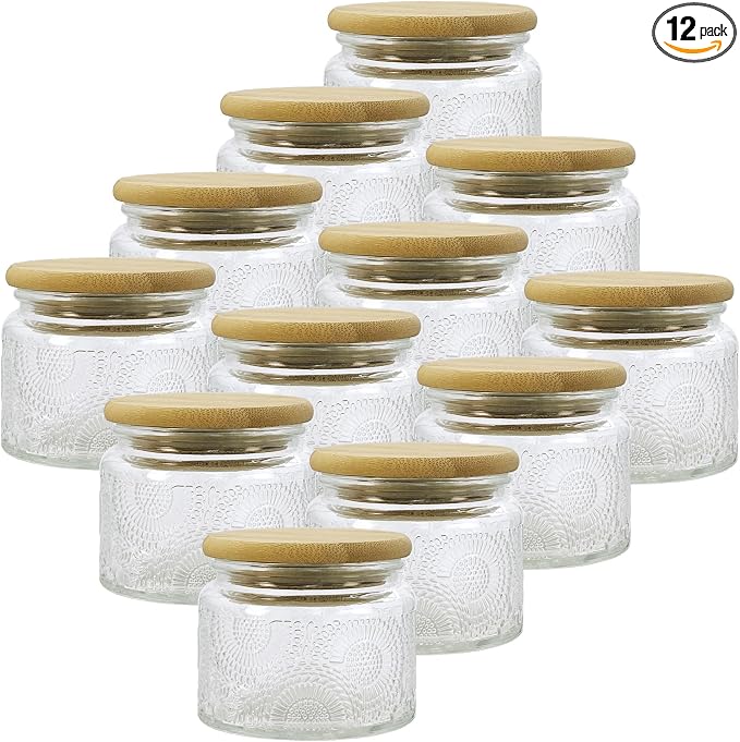 4 oz Decorative Small Glass Jars with Airtight Bamboo Lids, Clear 12 Pack | Vintage embossed containers, kitchen pantry bathroom organization & decor, spices, herbs, candle making, DIY gifts favors