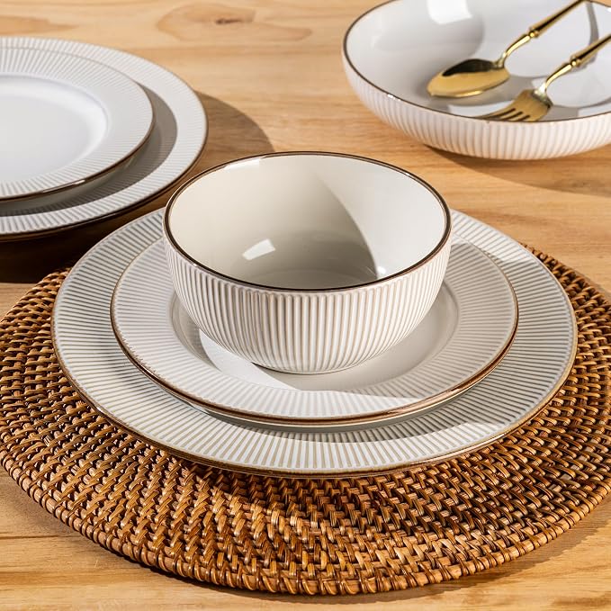 GBHOME Ceramic Dinnerware Sets of 4,16 pcs Plates and Bowls Sets Dishes | Embossed Elegant Stoneware Dishes Set | Dishwasher & Microwave Safe | Service for 4