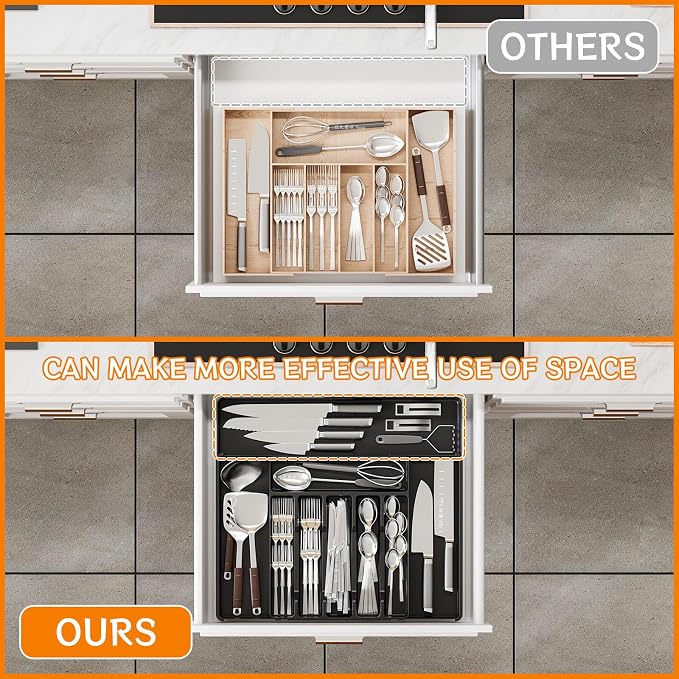 Expandable Silverware Organizers for Kitchen Drawers,Large BPA Free Cutlery Organizer in Drawer,Plastic Utensil Drawer Organizer Suitable as Flatware,Knife,Fork,Spoon,Silverware Holder and Tray,Black