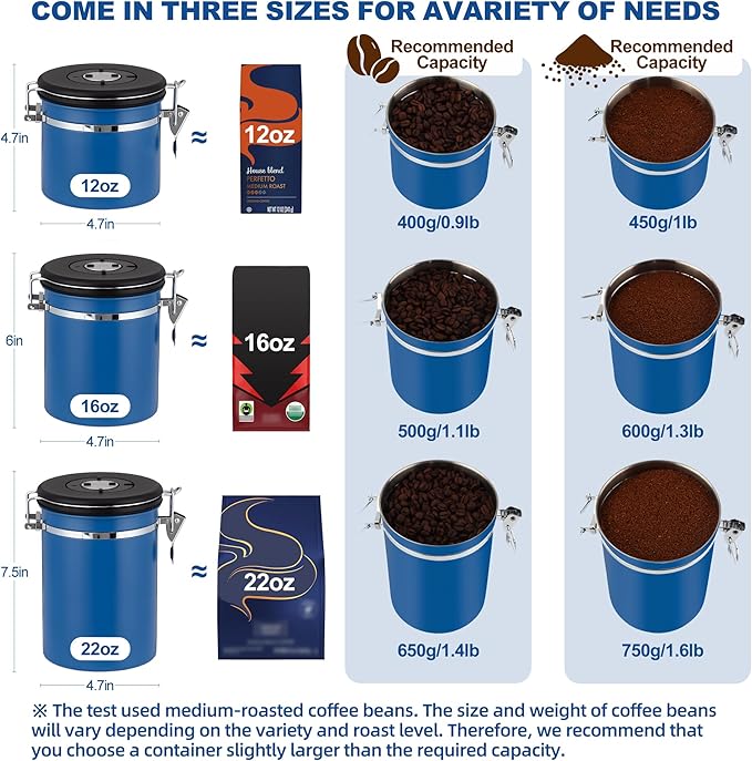 ShanSon Coffee Canister Airtight, Stainless Steel Bean Storage Container with Date Tracker & Scoop, Grounds Sugar Flour Tea Cereal Fits Kitchen Pantry, Ideal Gift for Coffee Lovers,16oz,Blue