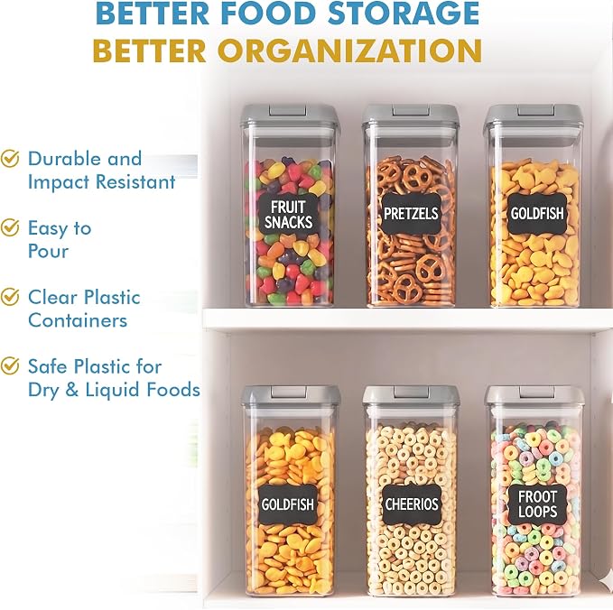Shazo Airtight Food Storage Containers with Lids - 6 PC BPA Free Clear Plastic Cereal Containers with Easy Lock Lids for Kitchen and Pantry Organization for Snacks and Pasta - 1.2L