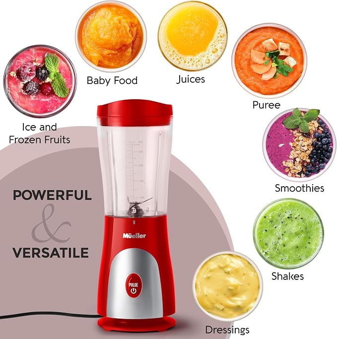 Mueller Heavy-Duty Personal Blender for Shakes and Smoothies with a 15 Oz Travel Cup and Lid, Juices, Baby Food, Portable Blender & Food Processor, Red