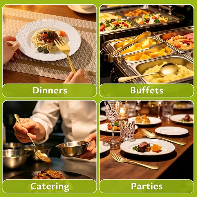 11PCS Stainless Steel Gold Serving Utensils, 8.7''Serving Spoons,8.7''Slotted Spoons, Serving Fork, 9'' Serving Tongs,Cake Server,Hostess Serving Set for Chafing Dish Buffet Catering Parties