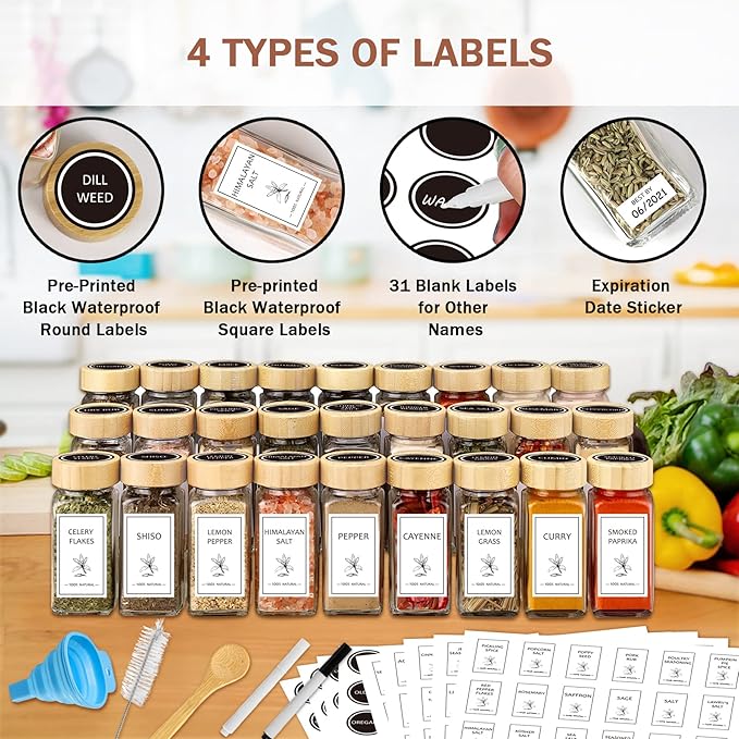 Aliggbent Spice Jars with Labels 36 Pcs 4 oz Glass Bamboo Lids Shaker Set | Glass Seasoning Jars Spice Containers Shaker Lids Collapsible Funnel Airtight Seal for Pantry Cupboard Storage Organization