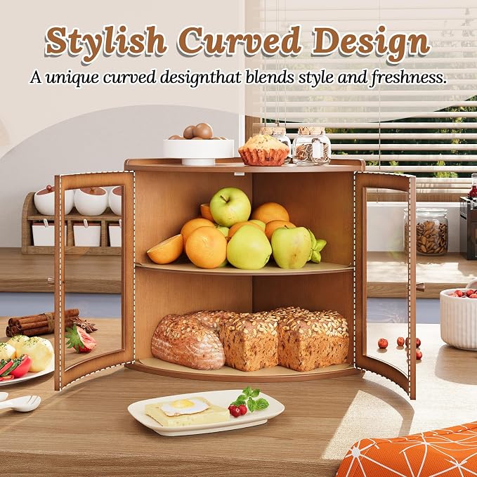 Trironsun Fan Shape Corner Bread Box for Kitchen Counter Double Layer Large Bread Storage Container with Acrylic Doors Farmhouse Wooden Bread Box Organizer for Homemade Bread (Brown)